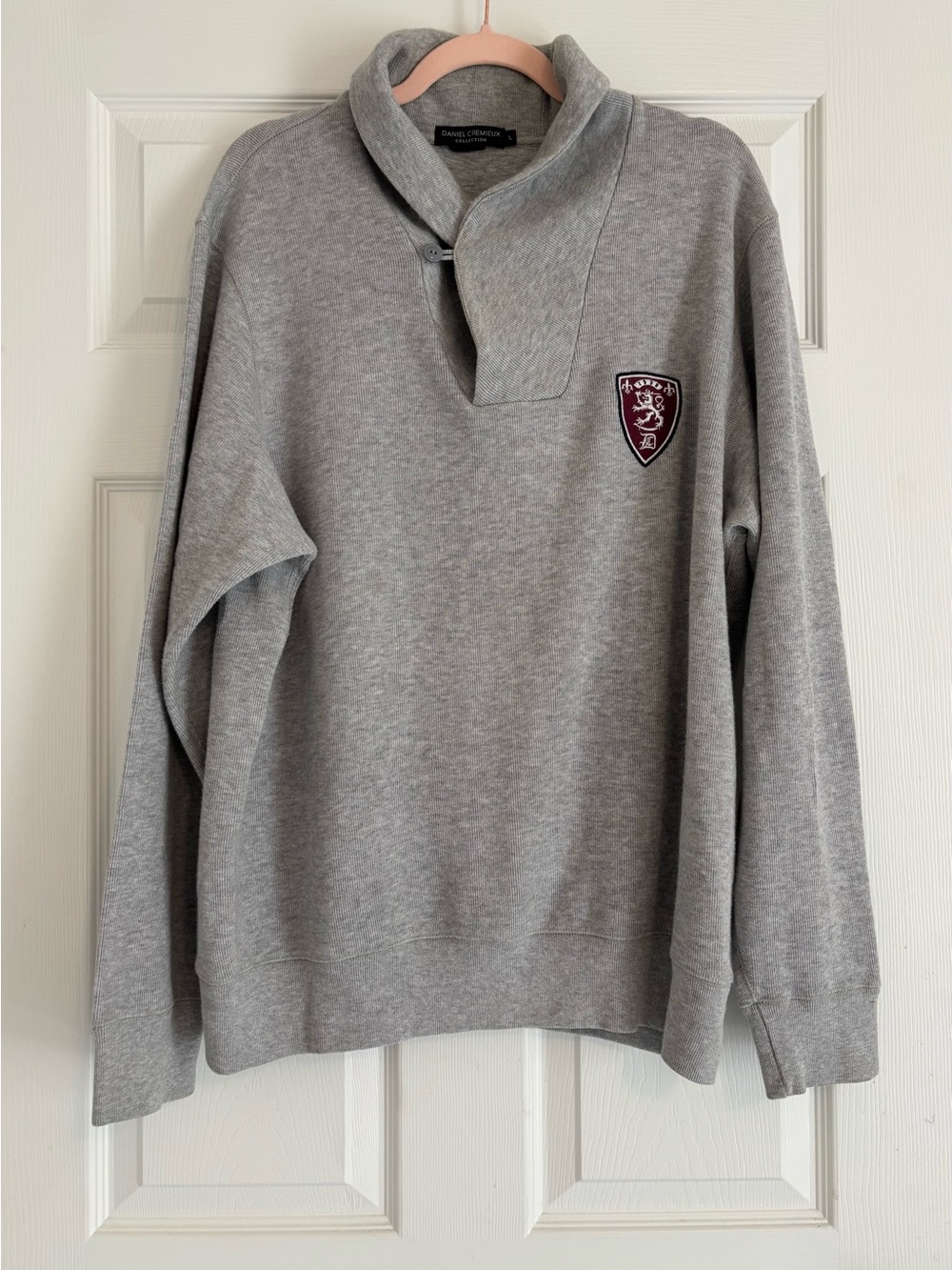 Daniel Cremieux Gray Shawl Collar Cotton Pullover Sweater with Crest Sz Large